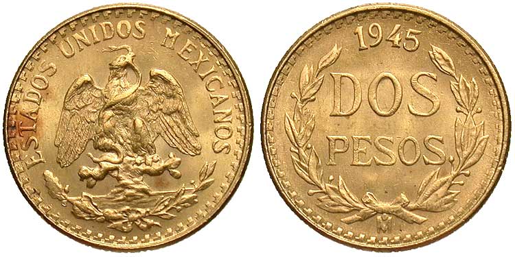 Mexico 1945 Gold 2 Peso Brilliant.